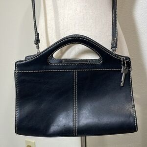 Fossil Black Leather White Stitching Satchel Crossbody #75082 Vintage 90’s